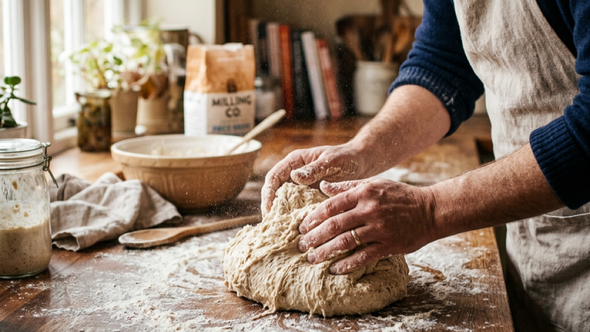 Fresh bread dough ball being kneaded on a floured wooden kitchen counter in warm morning light, professional food photography