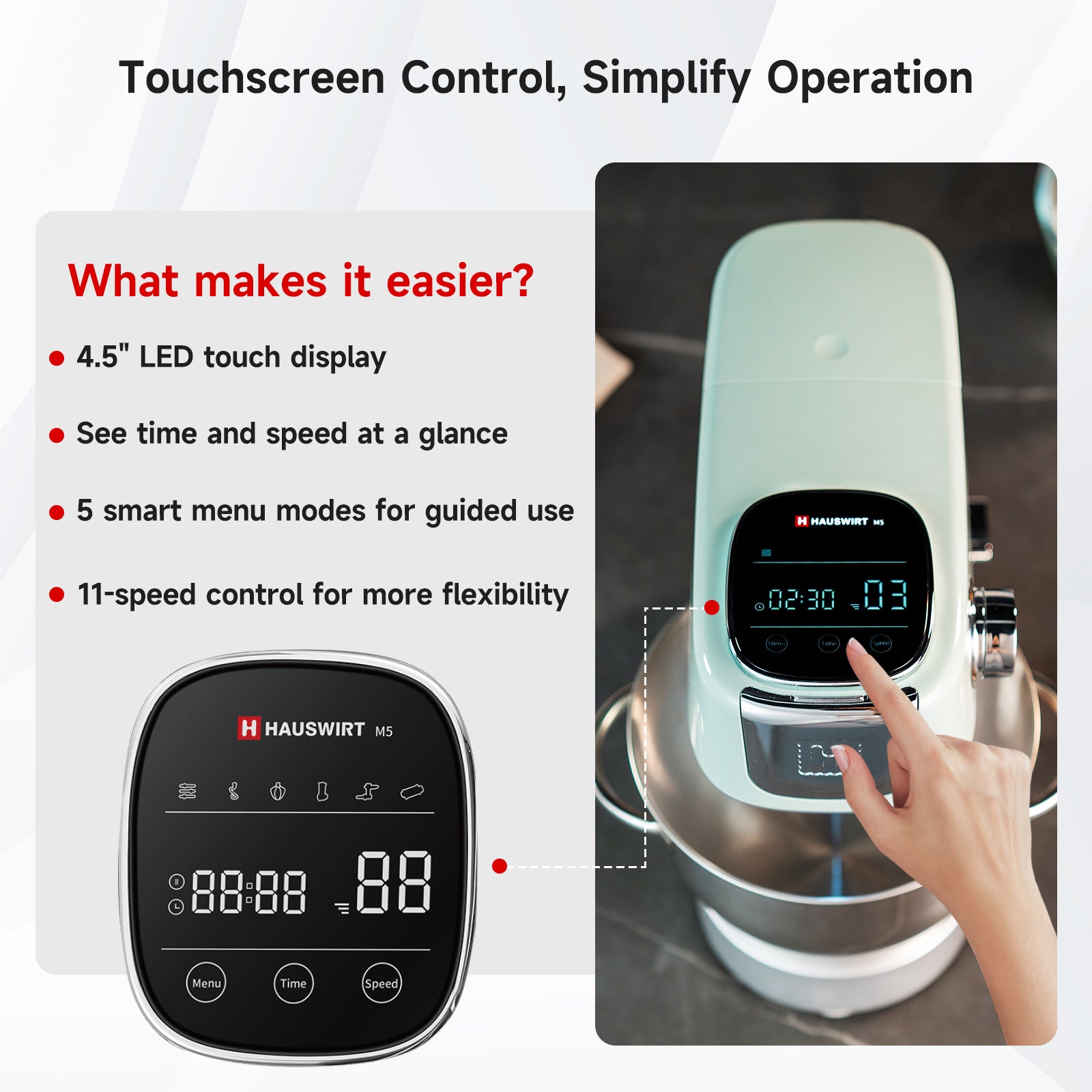 Hauswirt M5 Kitchen Stand Mixer 5.3QT with LED Touch Screen