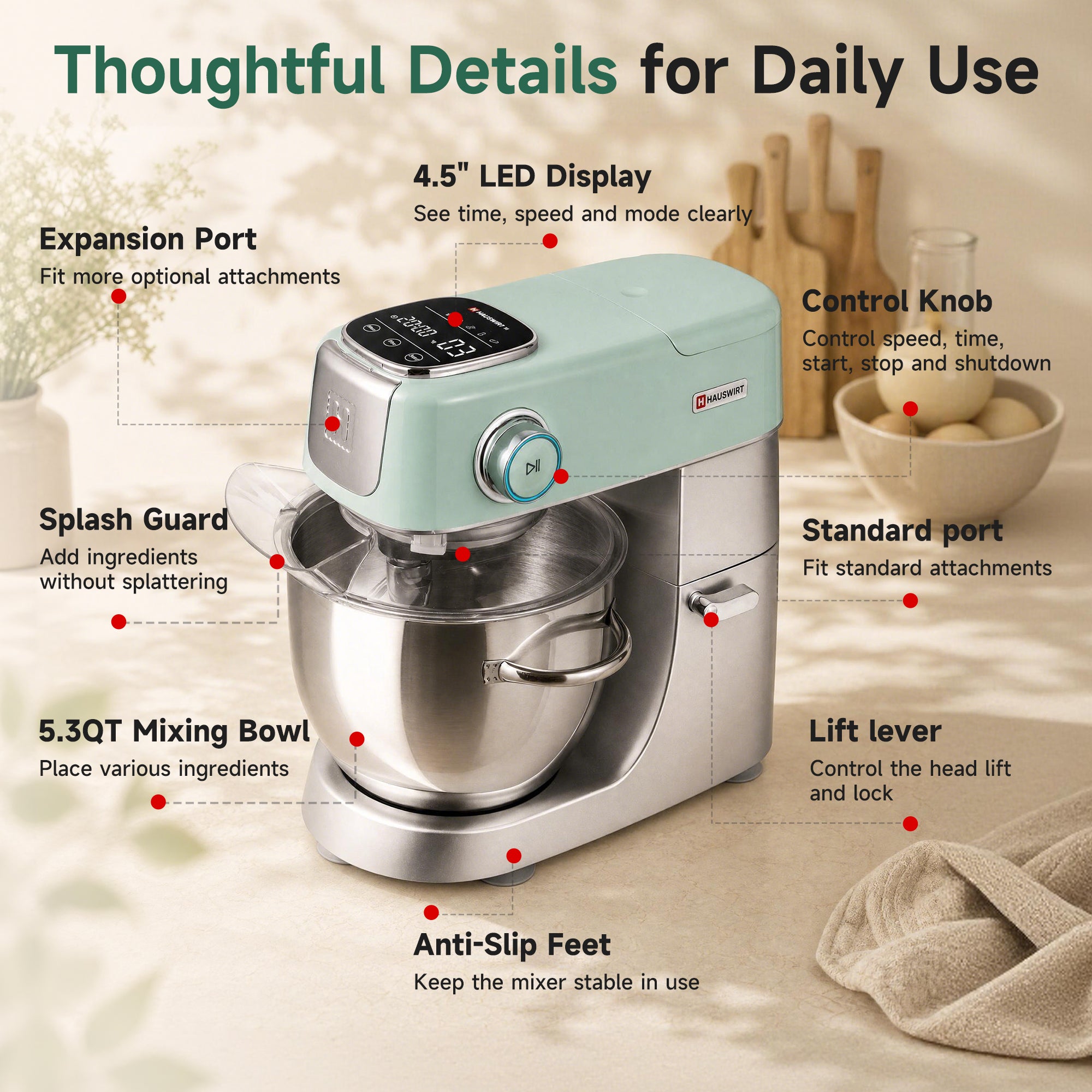 Hauswirt M5 Kitchen Stand Mixer 5.3QT with LED Touch Screen