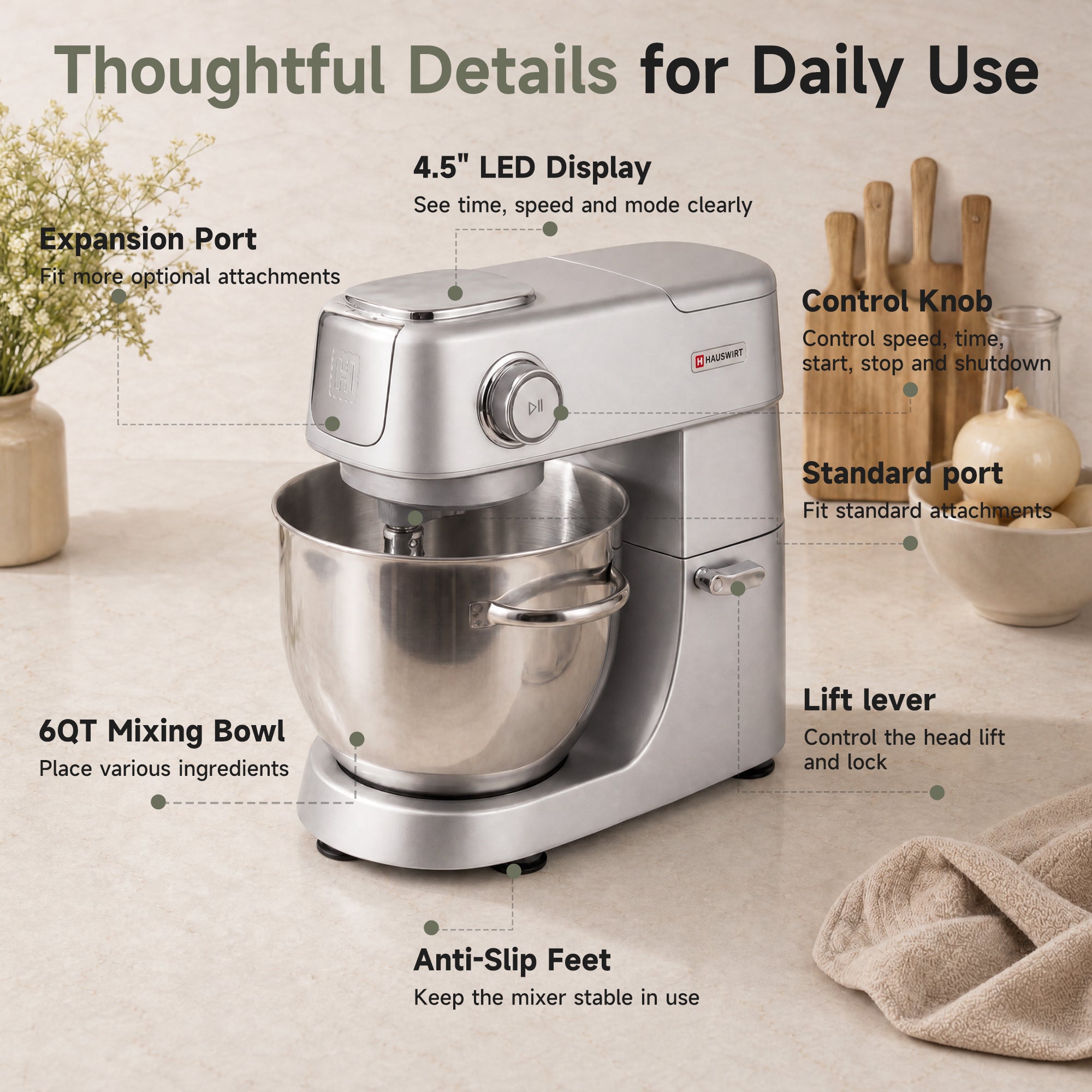 Hauswirt M5 Max 6QT Stand Mixer for Effortless Home Baking